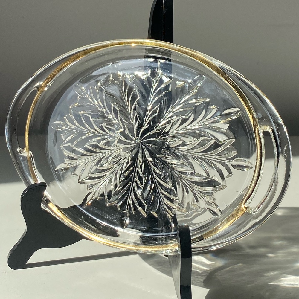 Vintage 10” Jeannette Glass Oval Serving Tray with Gold Trim - Feather Pattern